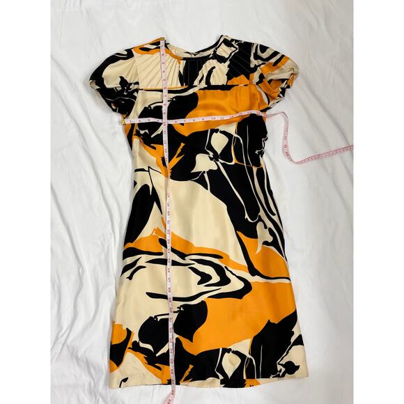 Badgley Mischka Abstract Floral Silk Pintuck Poof Sleeve Dress Sz S Artsy Y2K - Picture 4 of 7